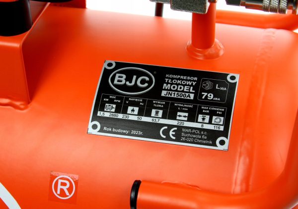 Монофазен безмаслен бутален компресор за въздух BJC 1.5 kW, 220 л/мин, 8 бара, 24 л