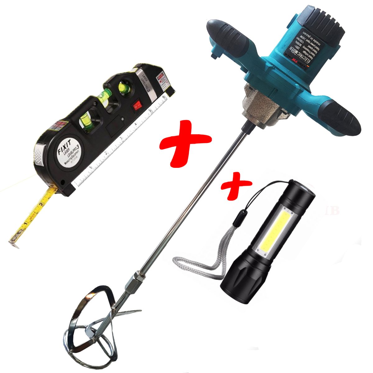 Строителен Миксер 2400W + Лазерен Нивелир с Ролетка + USB Фенер - Image 1
