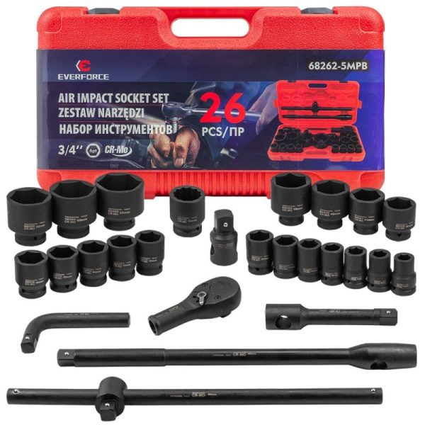 Ударно гедоре комплект 26 части шестостенно (3/4"-1", 17-65 mm) EVERFORCE