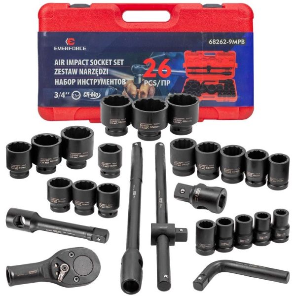 Ударно гедоре комплект 26 части дванадесетостенно (3/4"-1", 17-65 mm) EVERFORCE
