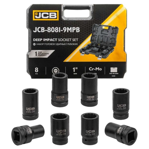Комплект дълбоки ударни вложки 12-стенни 1" (22 – 41мм) 8 части JCB