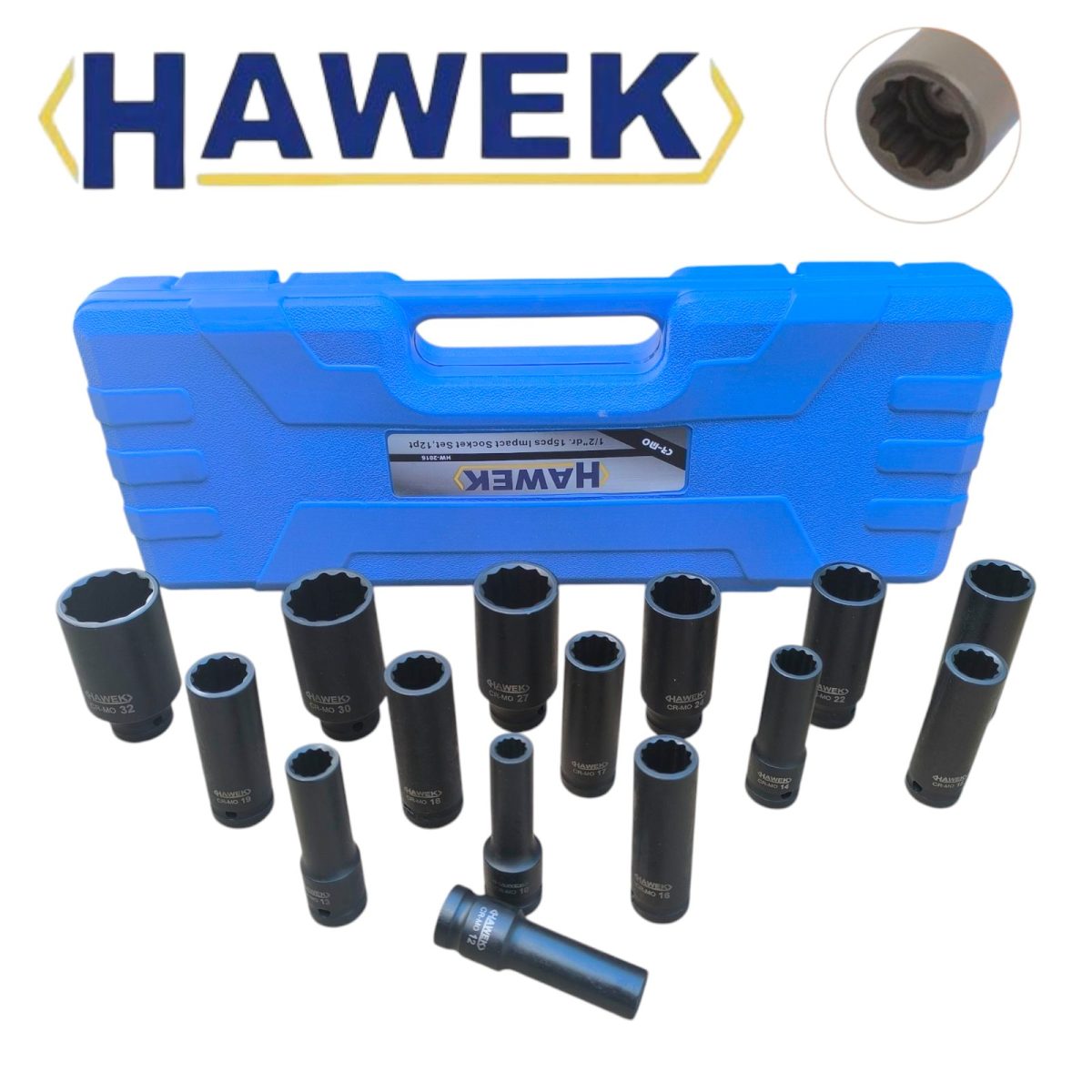 Комплект ударни вложки 1/2″ удължени 12 стенни 15 части HAWEK - Image 1