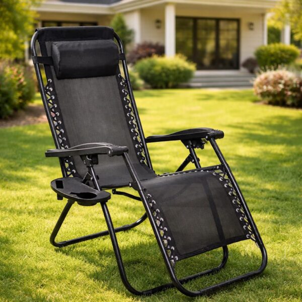 Сгъваем стол тип шезлонг с поставка за чаша и телефон