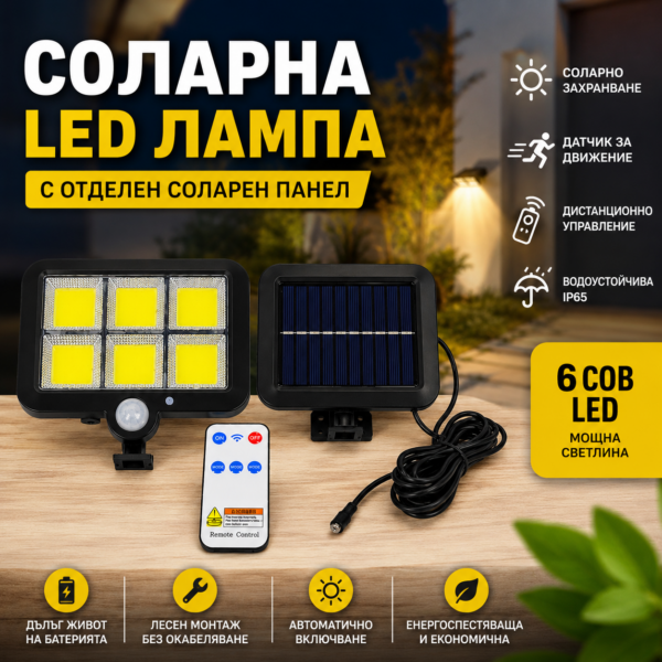 LED Прожектор 6 COB 500W Соларен Панел 5м
